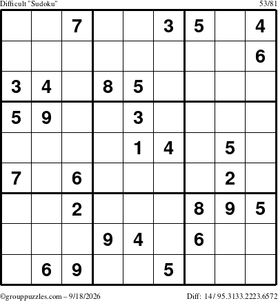 The grouppuzzles.com Difficult Sudoku puzzle for Friday September 18, 2026