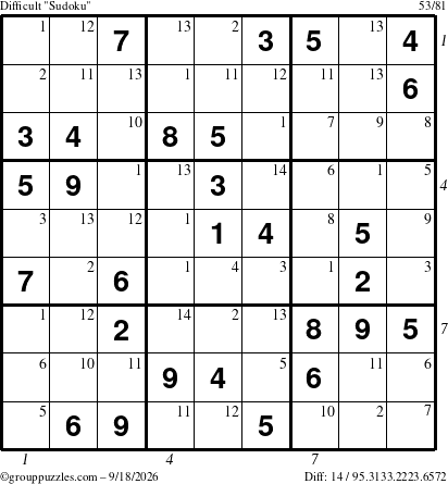 The grouppuzzles.com Difficult Sudoku puzzle for Friday September 18, 2026, suitable for printing, with all 14 steps marked