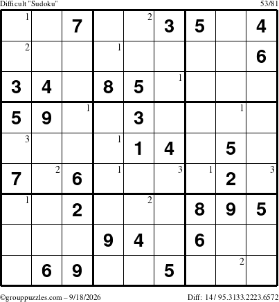The grouppuzzles.com Difficult Sudoku puzzle for Friday September 18, 2026 with the first 3 steps marked