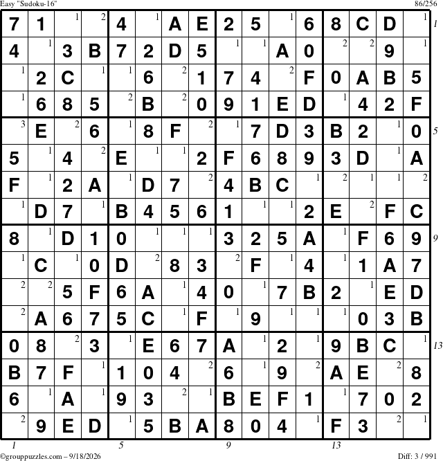The grouppuzzles.com Easy Sudoku-16 puzzle for Friday September 18, 2026, suitable for printing, with all 3 steps marked