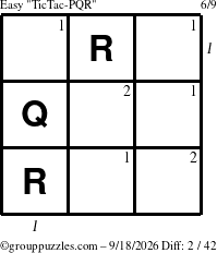 The grouppuzzles.com Easy TicTac-PQR puzzle for Friday September 18, 2026, suitable for printing, with all 2 steps marked