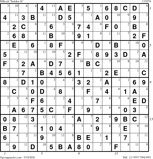 The grouppuzzles.com Difficult Sudoku-16 puzzle for Friday September 18, 2026, suitable for printing, with all 12 steps marked