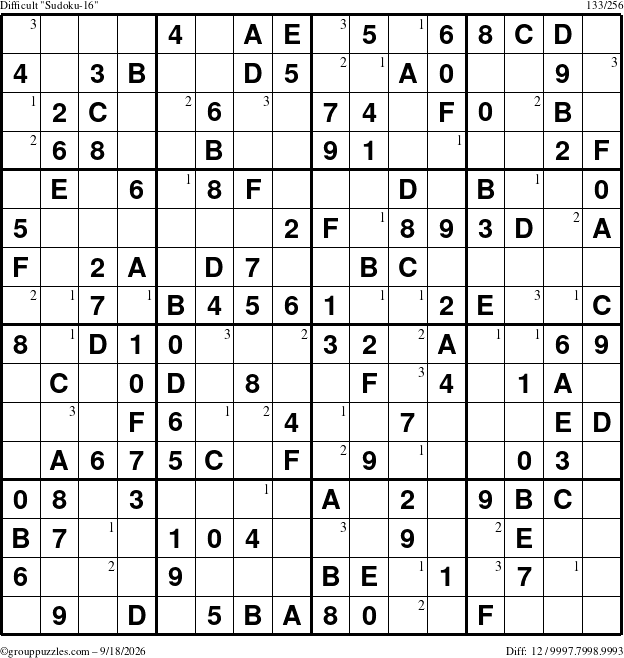 The grouppuzzles.com Difficult Sudoku-16 puzzle for Friday September 18, 2026 with the first 3 steps marked