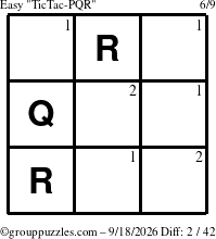 The grouppuzzles.com Easy TicTac-PQR puzzle for Friday September 18, 2026 with the first 2 steps marked
