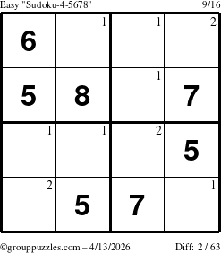 The grouppuzzles.com Easy Sudoku-4-5678 puzzle for Monday April 13, 2026 with the first 2 steps marked