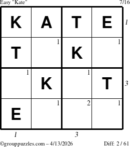 The grouppuzzles.com Easy Kate puzzle for Monday April 13, 2026 with all 2 steps marked