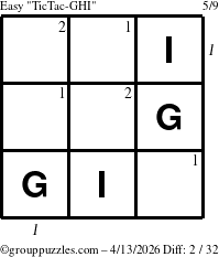 The grouppuzzles.com Easy TicTac-GHI puzzle for Monday April 13, 2026 with all 2 steps marked