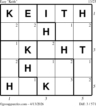 The grouppuzzles.com Easy Keith puzzle for Monday April 13, 2026 with all 3 steps marked
