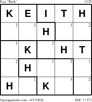 The grouppuzzles.com Easy Keith puzzle for Monday April 13, 2026 with the first 3 steps marked