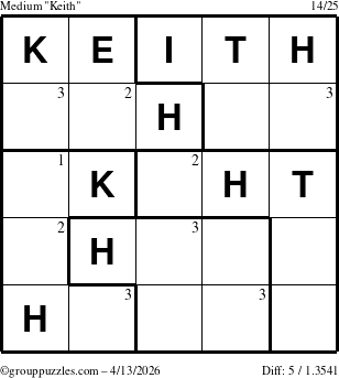 The grouppuzzles.com Medium Keith puzzle for Monday April 13, 2026 with the first 3 steps marked