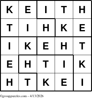 The grouppuzzles.com Answer grid for the Keith puzzle for Monday April 13, 2026