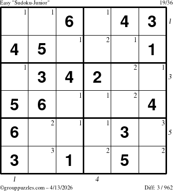 The grouppuzzles.com Easy Sudoku-Junior puzzle for Monday April 13, 2026, suitable for printing, with all 3 steps marked