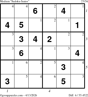 The grouppuzzles.com Medium Sudoku-Junior puzzle for Monday April 13, 2026, suitable for printing, with all 6 steps marked