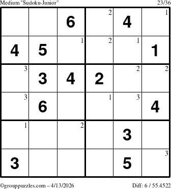 The grouppuzzles.com Medium Sudoku-Junior puzzle for Monday April 13, 2026 with the first 3 steps marked