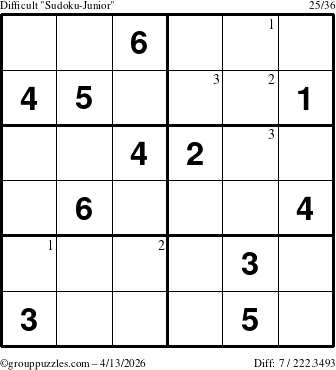 The grouppuzzles.com Difficult Sudoku-Junior puzzle for Monday April 13, 2026 with the first 3 steps marked