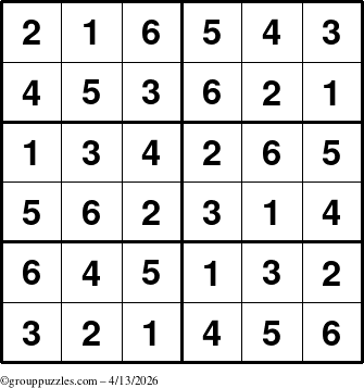 The grouppuzzles.com Answer grid for the Sudoku-Junior puzzle for Monday April 13, 2026