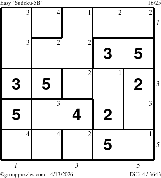 The grouppuzzles.com Easy Sudoku-5B puzzle for Monday April 13, 2026, suitable for printing, with all 4 steps marked