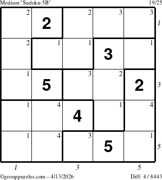 The grouppuzzles.com Medium Sudoku-5B puzzle for Monday April 13, 2026 with all 4 steps marked