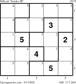 The grouppuzzles.com Difficult Sudoku-5B puzzle for Monday April 13, 2026 with all 5 steps marked