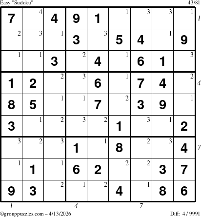The grouppuzzles.com Easy Sudoku puzzle for Monday April 13, 2026, suitable for printing, with all 4 steps marked