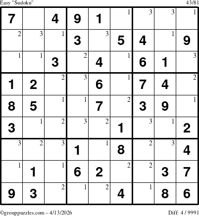 The grouppuzzles.com Easy Sudoku puzzle for Monday April 13, 2026 with the first 3 steps marked