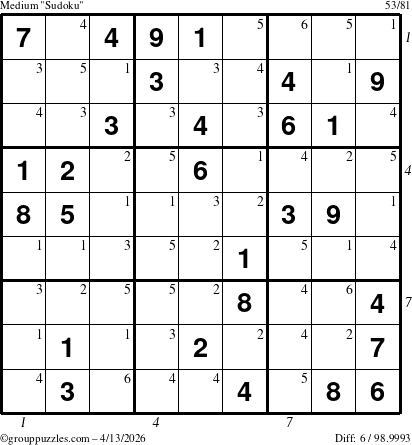 The grouppuzzles.com Medium Sudoku puzzle for Monday April 13, 2026 with all 6 steps marked