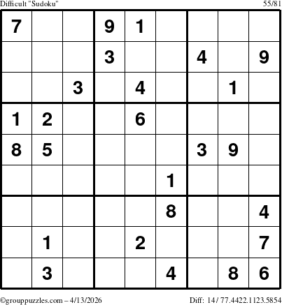 The grouppuzzles.com Difficult Sudoku puzzle for Monday April 13, 2026
