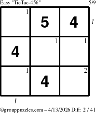 The grouppuzzles.com Easy TicTac-456 puzzle for Monday April 13, 2026 with all 2 steps marked