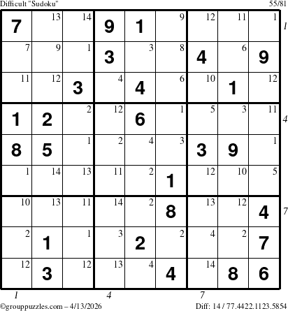 The grouppuzzles.com Difficult Sudoku puzzle for Monday April 13, 2026, suitable for printing, with all 14 steps marked
