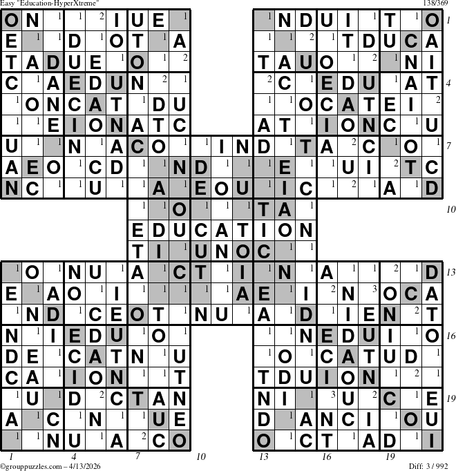 The grouppuzzles.com Easy Education-HyperXtreme puzzle for Monday April 13, 2026, suitable for printing, with all 3 steps marked