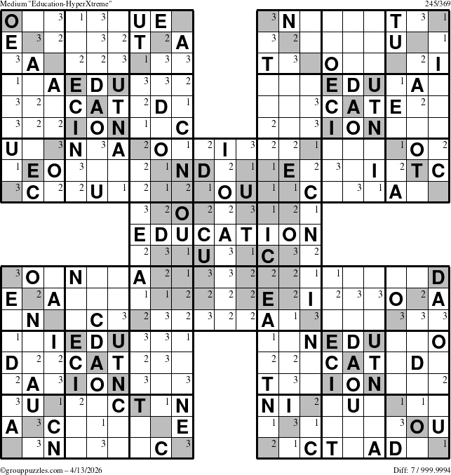 The grouppuzzles.com Medium Education-HyperXtreme puzzle for Monday April 13, 2026 with the first 3 steps marked