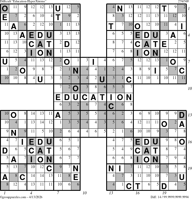 The grouppuzzles.com Difficult Education-HyperXtreme puzzle for Monday April 13, 2026 with all 14 steps marked