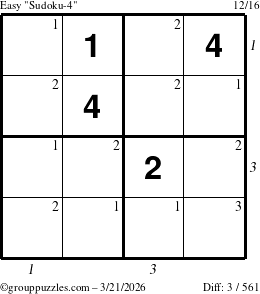 The grouppuzzles.com Easy Sudoku-4 puzzle for Saturday March 21, 2026 with all 3 steps marked
