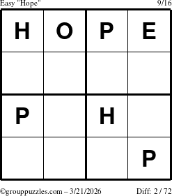 The grouppuzzles.com Easy Hope puzzle for Saturday March 21, 2026