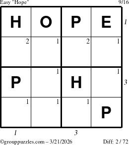The grouppuzzles.com Easy Hope puzzle for Saturday March 21, 2026 with all 2 steps marked