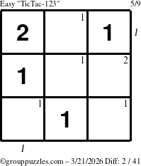 The grouppuzzles.com Easy TicTac-123 puzzle for Saturday March 21, 2026 with all 2 steps marked