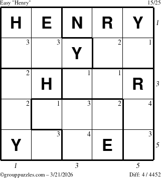The grouppuzzles.com Easy Henry puzzle for Saturday March 21, 2026, suitable for printing, with all 4 steps marked