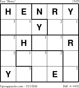 The grouppuzzles.com Easy Henry puzzle for Saturday March 21, 2026 with the first 3 steps marked