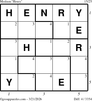 The grouppuzzles.com Medium Henry puzzle for Saturday March 21, 2026, suitable for printing, with all 4 steps marked