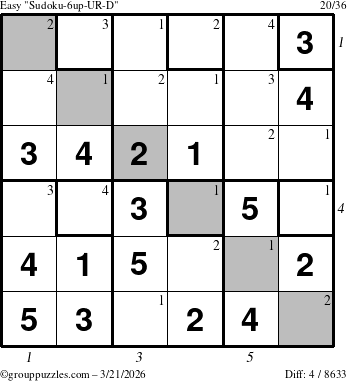 The grouppuzzles.com Easy Sudoku-6up-UR-D puzzle for Saturday March 21, 2026 with all 4 steps marked