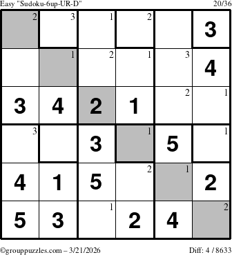 The grouppuzzles.com Easy Sudoku-6up-UR-D puzzle for Saturday March 21, 2026 with the first 3 steps marked