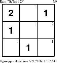 The grouppuzzles.com Easy TicTac-123 puzzle for Saturday March 21, 2026 with the first 2 steps marked