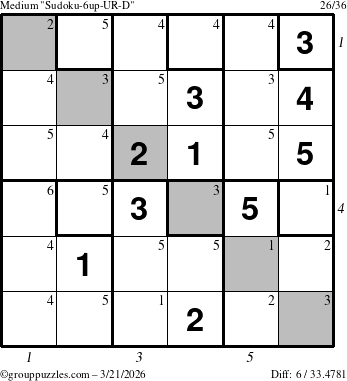 The grouppuzzles.com Medium Sudoku-6up-UR-D puzzle for Saturday March 21, 2026, suitable for printing, with all 6 steps marked