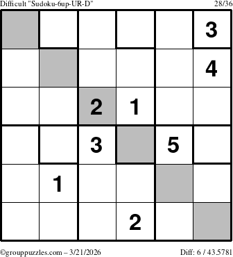 The grouppuzzles.com Difficult Sudoku-6up-UR-D puzzle for Saturday March 21, 2026