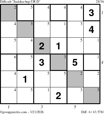 The grouppuzzles.com Difficult Sudoku-6up-UR-D puzzle for Saturday March 21, 2026, suitable for printing, with all 6 steps marked