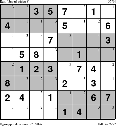 The grouppuzzles.com Easy SuperSudoku-8 puzzle for Saturday March 21, 2026 with the first 3 steps marked