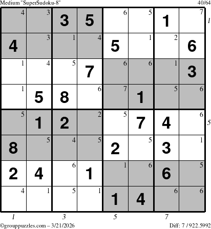 The grouppuzzles.com Medium SuperSudoku-8 puzzle for Saturday March 21, 2026 with all 7 steps marked