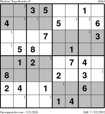 The grouppuzzles.com Medium SuperSudoku-8 puzzle for Saturday March 21, 2026 with the first 3 steps marked