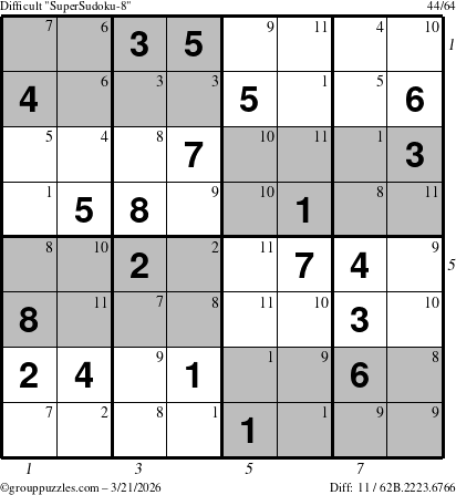 The grouppuzzles.com Difficult SuperSudoku-8 puzzle for Saturday March 21, 2026, suitable for printing, with all 11 steps marked