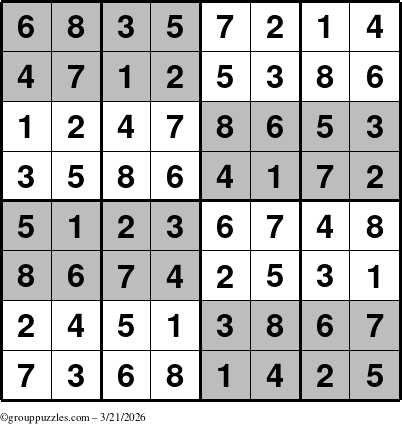 The grouppuzzles.com Answer grid for the SuperSudoku-8 puzzle for Saturday March 21, 2026